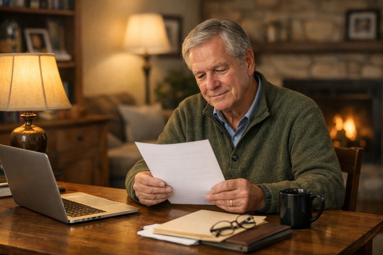 A man reading a letter at his desk at home
