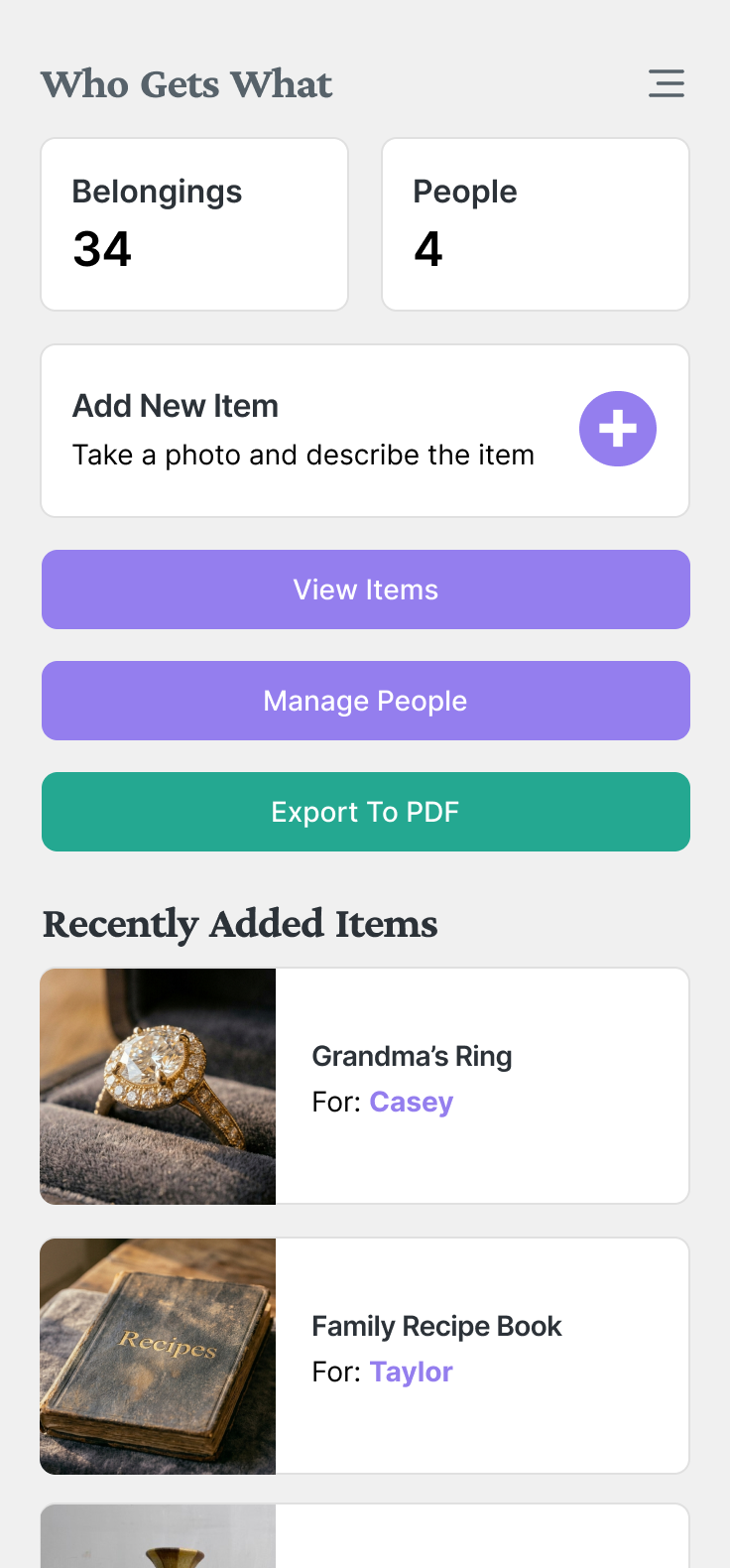 The Who Gets What app, cataloguing belongings